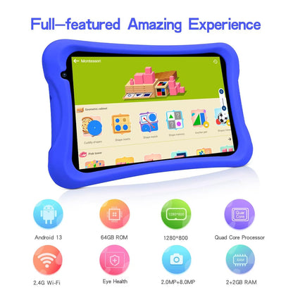 PRITOM 8-Zoll-Quad-Core-Android-Tablet, 64 GB, WLAN, Bluetooth, Dual-Kamera, Lern-Apps, Spiele, Kindersicherung, Kindersoftware mit Tablet-Schutzhülle (Blau)