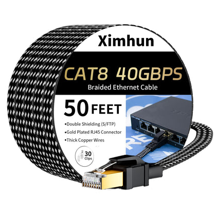 Ximhun Cat 8 Ethernet-Kabel, 15 m (50 Fuß), Hochgeschwindigkeits-Netzwerkkabel mit RJ45-Stecker, 40 Gbit/s, 2000 MHz, robustes, geschirmtes LAN-Kabel für den Innenbereich