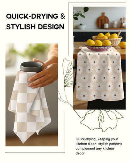 Miss Adola 2 Pack Flour Sack Kitchen Towels - 16x26 Inch Cotton Dish Towels with Hanging Loop Reusable Geometric Boho Modern Retro Tea Towel Absorbent Dishcloths Home Decor, Beige Checkered Flower