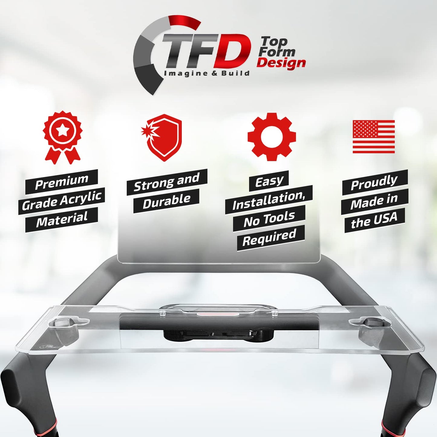 TFD The Tread Tray 2.0 | Kompatibel mit Peloton Tread (NICHT kompatibel mit Tread Plus), Hergestellt in den USA | Halterung für Laptop, Tablet, Smartphone und Buch (Transparent)