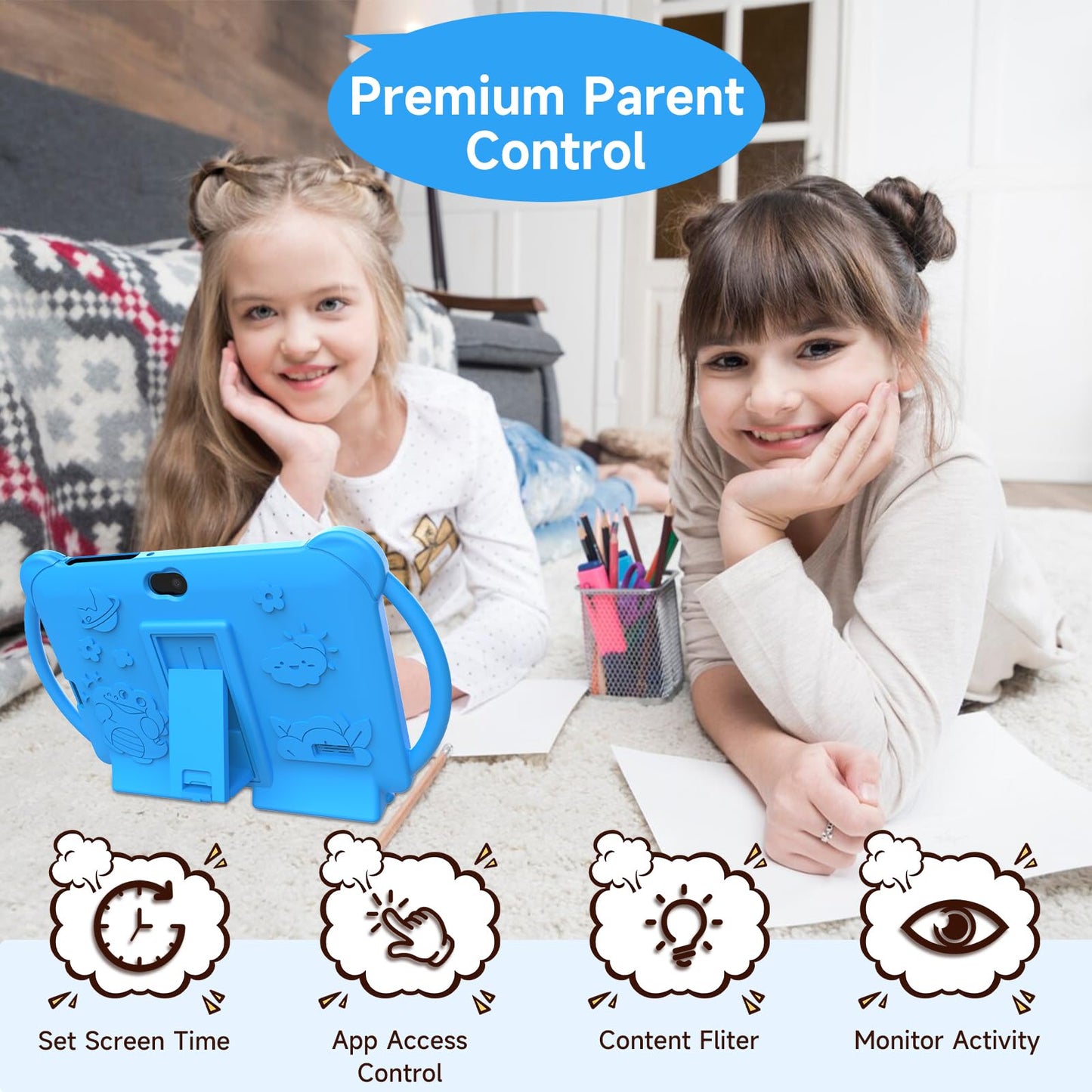 PEICHENG Kids Tablet 7 inch Android 12.0 for Toddler, 4GB RAM 32GB ROM Bluetooth IPS Screen Parental Control Dual Camera Shockproof Case for Educational Games, (Blue)