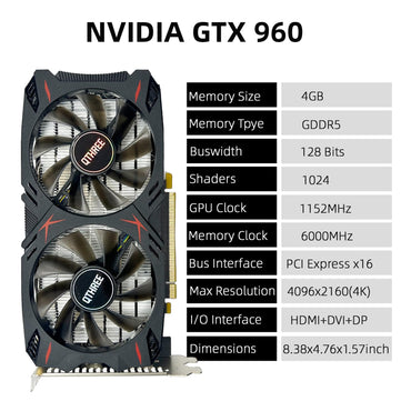 QTHREE Geforce GTX 960 4GB Graphics Card, GDDR5 128-bit, DP, HDMI, DVI, Video Card for PC, Computer GPU, PCI Express x16