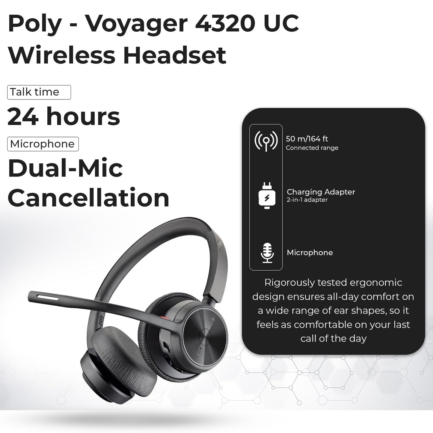 Poly Voyager 4320 UC Kabelloses Headset &amp; Ladestation – Stereo-Kopfhörer mit geräuschunterdrückendem Mikrofonarm + Ladestation + USB-C-auf-A-Adapter + USB-C-Dongle + USB-Netzkabel + Tasche + Mikrofasertuch