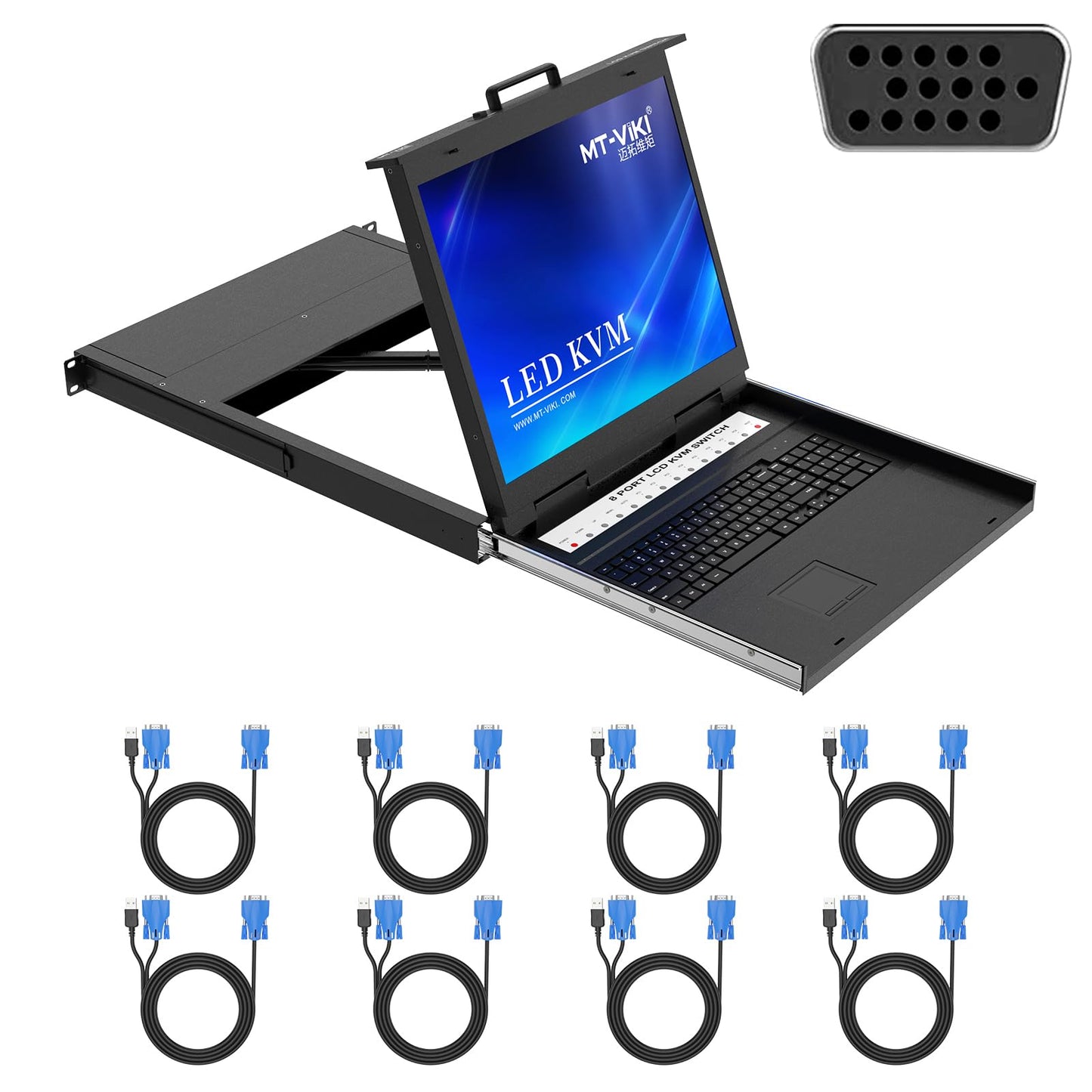 MT-VIKI KVM-Rackkonsole mit 19-Zoll-LCD-Monitor, 8-Port-VGA-KVM-Switch mit Tastatur und Touchpad-Monitor, passend für 1 HE 19-Zoll-Racks, OSD/Hotkeys/Tasten 【mit 8-Port-KVM-Kabel】