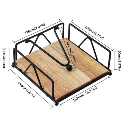 Quadratischer Serviettenhalter – Robuster Tischserviettenspender mit beschwertem Arm, Serviettenaufbewahrung aus Metall mit Holzsockel, Serviettenhalter im Landhausstil für Tisch, Küche und Arbeitsplatten (Schwarz)