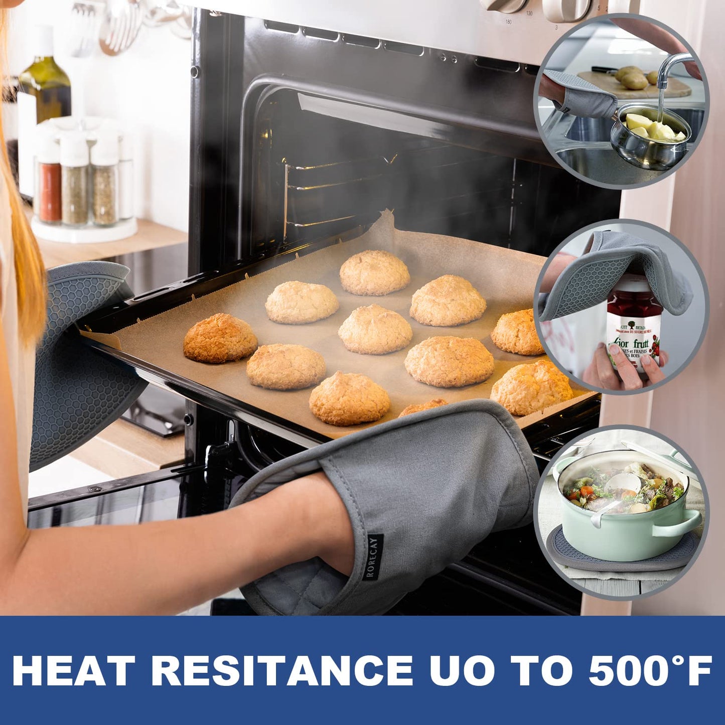 2-Pack Silicone Pot Holders for Kitchen Heat Resistant up to 500°F, Non-Slip Large Hot Pads with Pocket, Quilted Liner Trivets for Countertops Hot Pots and Pans (Gray)