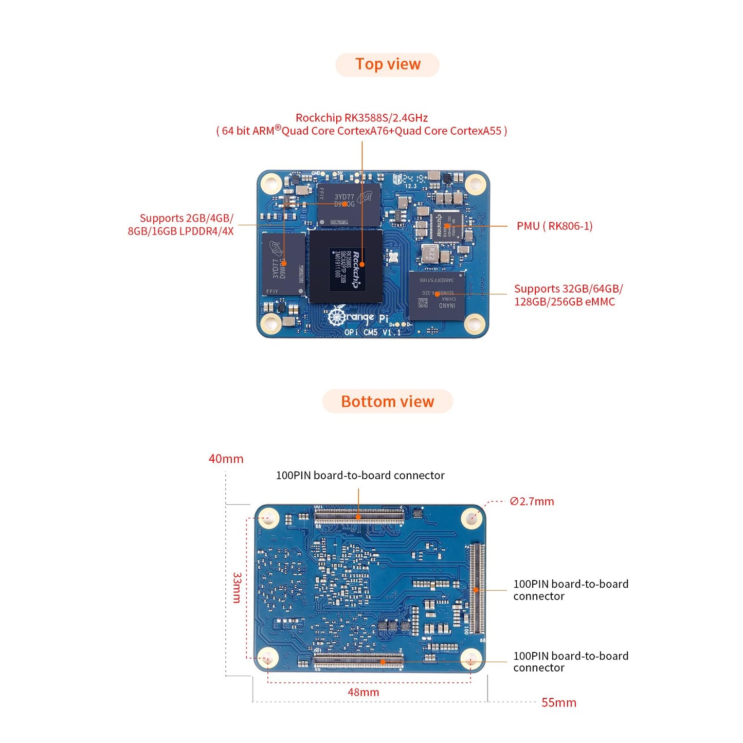 Orange Pi CM5 8 GB RAM mit 32 GB EMMC LPDDR4, Rockchip RK3588S KI-Beschleuniger, 6TOPS, Compute Module 5, WiFi, Bluetooth BLE, Einplatinencomputer