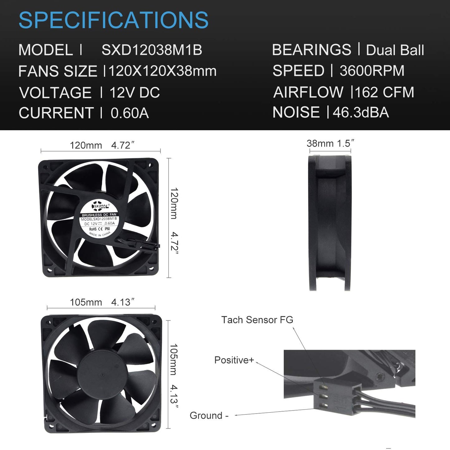 SXDOOL 120MM(120X120X38) High Speed CFM Waterproof Dustproof 12V Cooling Fan,Dual Ball Bearing 3600RPM