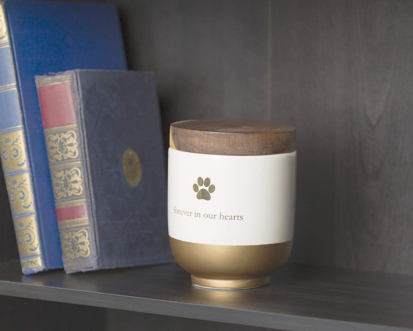 Pearhead Keramik-Urne „Für immer in unseren Herzen“, Haustier-Gedenkurne, Erinnerungsurne für Hunde oder Katzen, Regenbogenbrücke, Gold