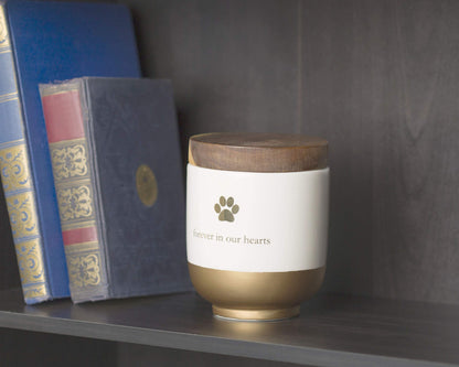 Pearhead Keramik-Urne „Für immer in unseren Herzen“, Haustier-Gedenkurne, Erinnerungsurne für Hunde oder Katzen, Regenbogenbrücke, Gold