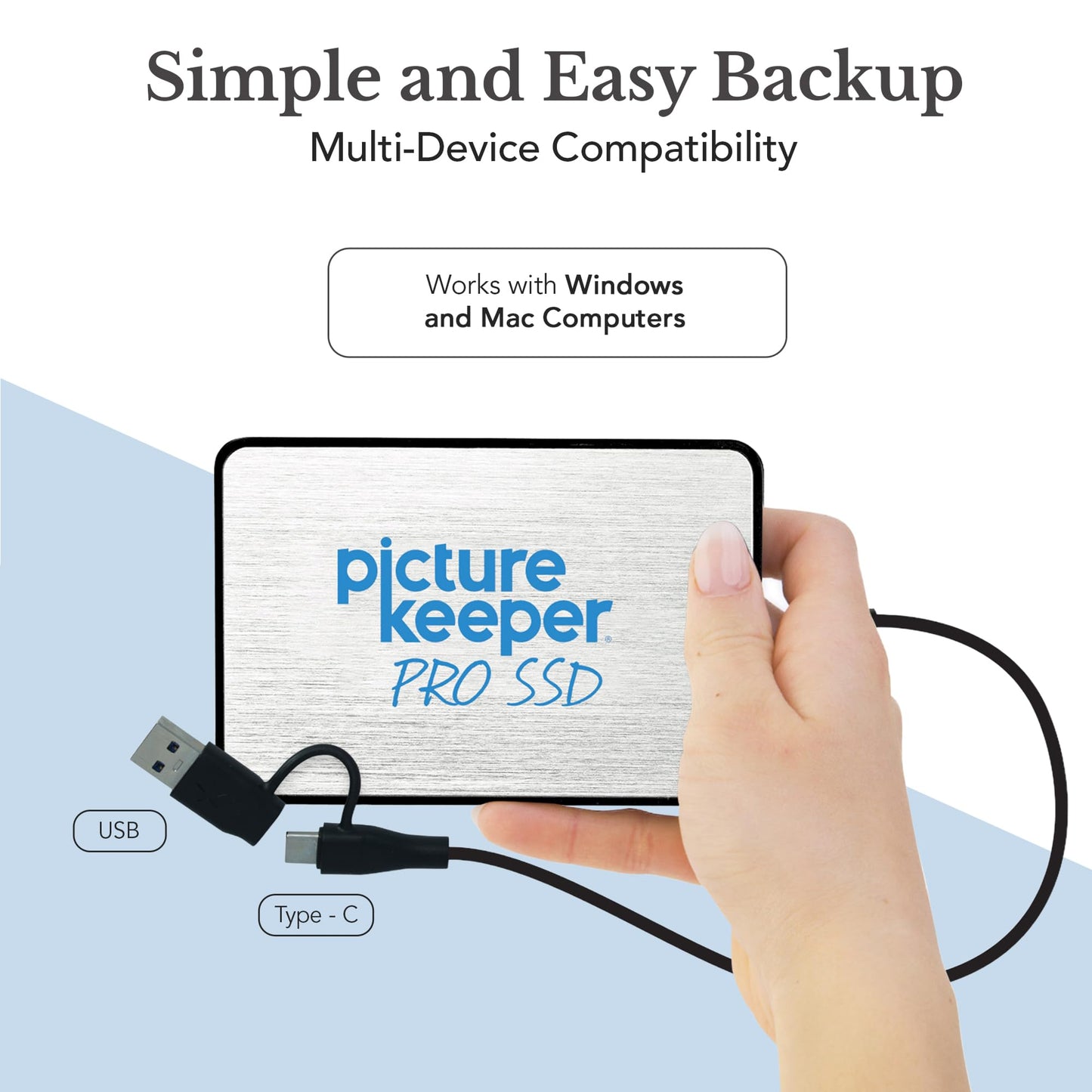 Picture Keeper PRO Tragbare Festplatte 500 GB – USB-Festplatte für PCs, Macs, Laptops und Computer, 1/2 Terabyte tragbarer externer SSD-Speicher für Fotos, Videos und mehr – 500 GB, Silber