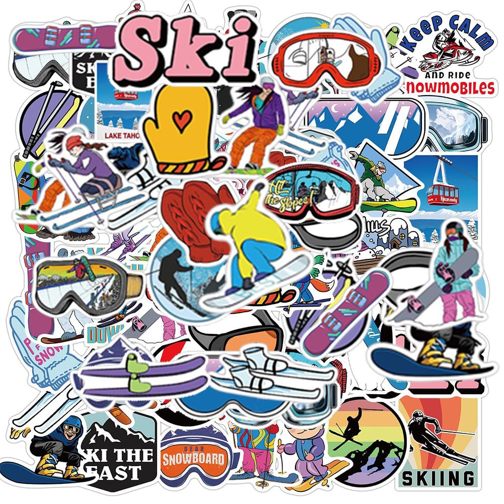 Ski-Aufkleber | 50 Stück wasserfeste Vinyl-Aufkleber für Wintersportarten wie Skihelm, Snowboard, Trinkflaschen, Fahrrad, Laptop, Kühlschrank, Gepäck, Computer, Handy und mehr