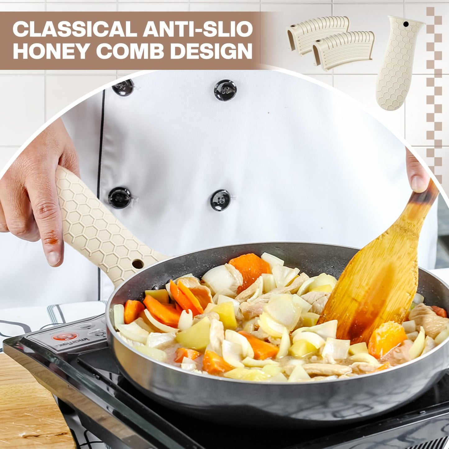 Patelai 8 Pcs Silicone Pot Holders Set Cast Iron Handle Cover Heat Resistant Pot Handle Covers Potholder Non Slip Reusable Pan Sleeve for Frying Pan Kitchen Supplies(Black)