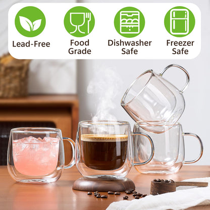 Pludyat 4er-Pack doppelwandige Glas-Kaffeebecher, 473 ml große, isolierte, transparente Kaffeebecher mit Henkel, Cappuccino-Becher für Espresso, Latte Macchiato, Americano, Teebeutel, Getränke, hitze- und kältebeständig