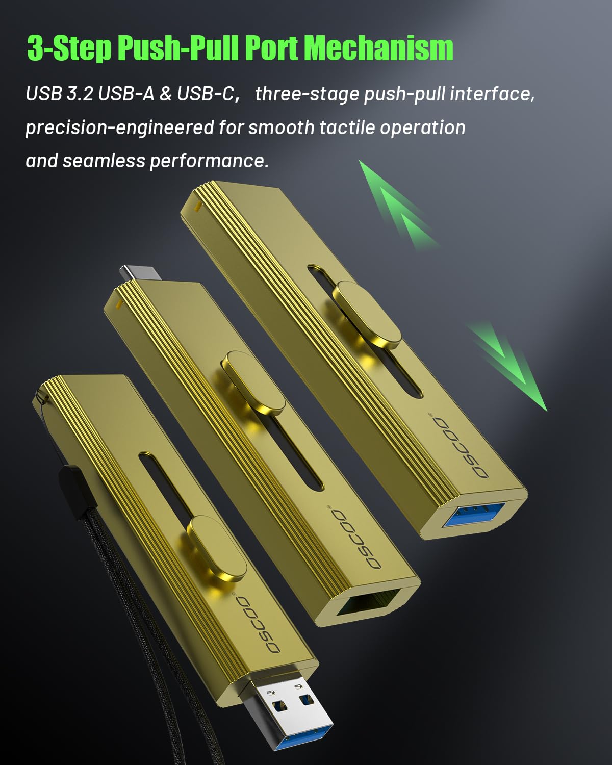 Externe SSD OSCOO 1 TB, bis zu 1000 MB/s, tragbare SSD-Festplatte, USB 3.2 Gen 2 Dual-USB-C- und USB-A-Anschlüsse, Push-Pull-Design, USB-Laufwerk für iPhone 15/16/17, Android, Mac, Laptop, Spielekonsolen und PS5