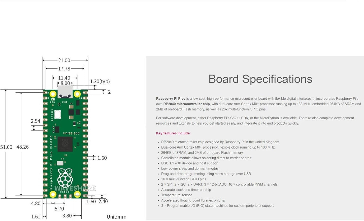 Waveshare Raspberry Pi Pico Microcontroller Board with RP2040 Chip, Dual-core Arm Cortex M0+ Processor, 264KB SRAM, 2MB Flash, 26x GPIO, SPI, I2C, UART, PWM, ADC, USB 1.1, Includes Header and Cable