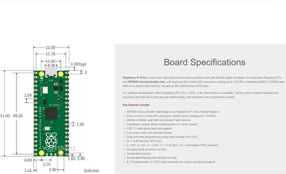 Waveshare Raspberry Pi Pico Microcontroller Board with RP2040 Chip, Dual-core Arm Cortex M0+ Processor, 264KB SRAM, 2MB Flash, 26x GPIO, SPI, I2C, UART, PWM, ADC, USB 1.1, Includes Header and Cable