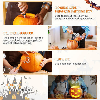 Kürbisschnitzset für Halloween, 25-teiliges sicheres DIY-Kürbisschnitzset für Kinder und Erwachsene, wiederverwendbares Edelstahl-Schnitzset für Halloween-Dekorationen (mit Hammer und Zange)