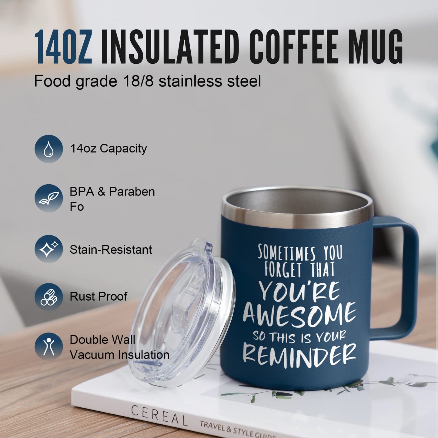 NOWWISH Inspirierender Kaffeebecher für Männer, 414 ml (14 oz) Vakuumisolierter Edelstahlbecher, „Du bist großartig“-Geschenk für Ehemann, Freund, Vater – Marineblau
