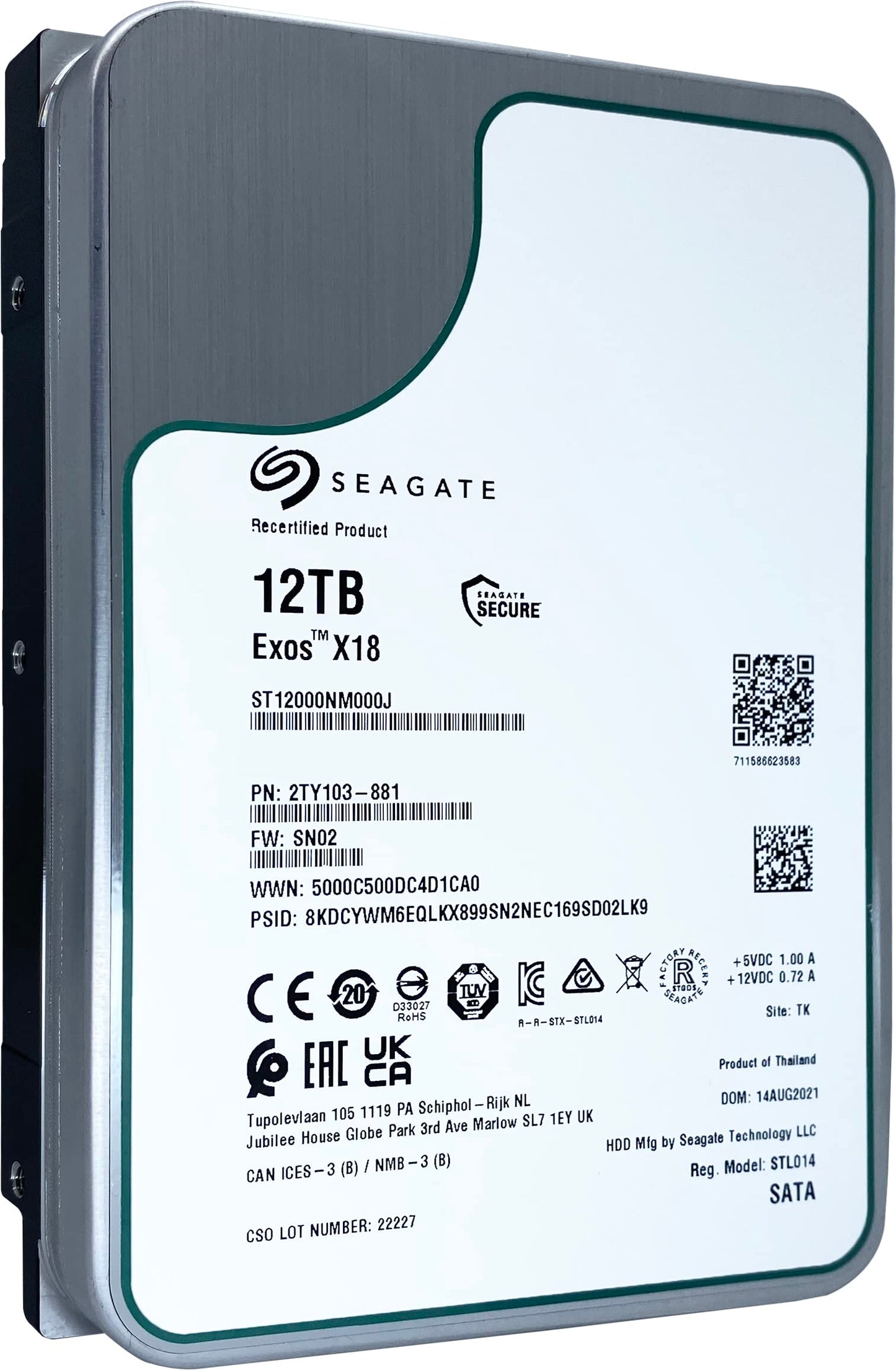 Seagate Exos X18 12 TB 7200 U/min 512e/4Kn SATA 6 Gbit/s 256 MB Cache 3,5-Zoll Enterprise HDD (ST12000NM000J) (Generalüberholt)