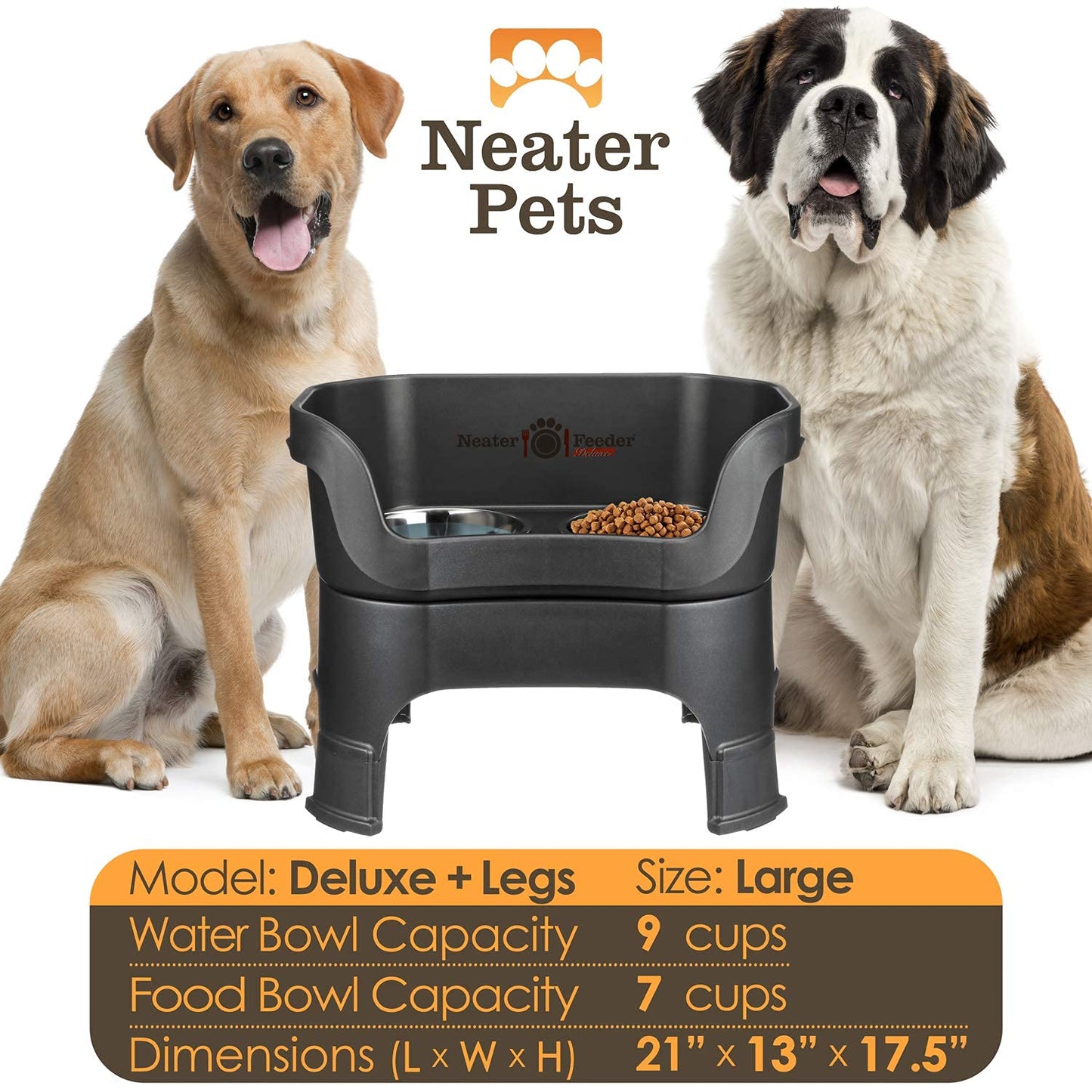 Neater Feeder Deluxe Auslaufsichere Hundenäpfe, erhöht für große Hunde – Hergestellt in den USA – Auslaufsicherer, erhöhter Futternapfständer mit Beinverlängerungen – Edelstahl-Set für Futter- und Wassernapf – Schwarz