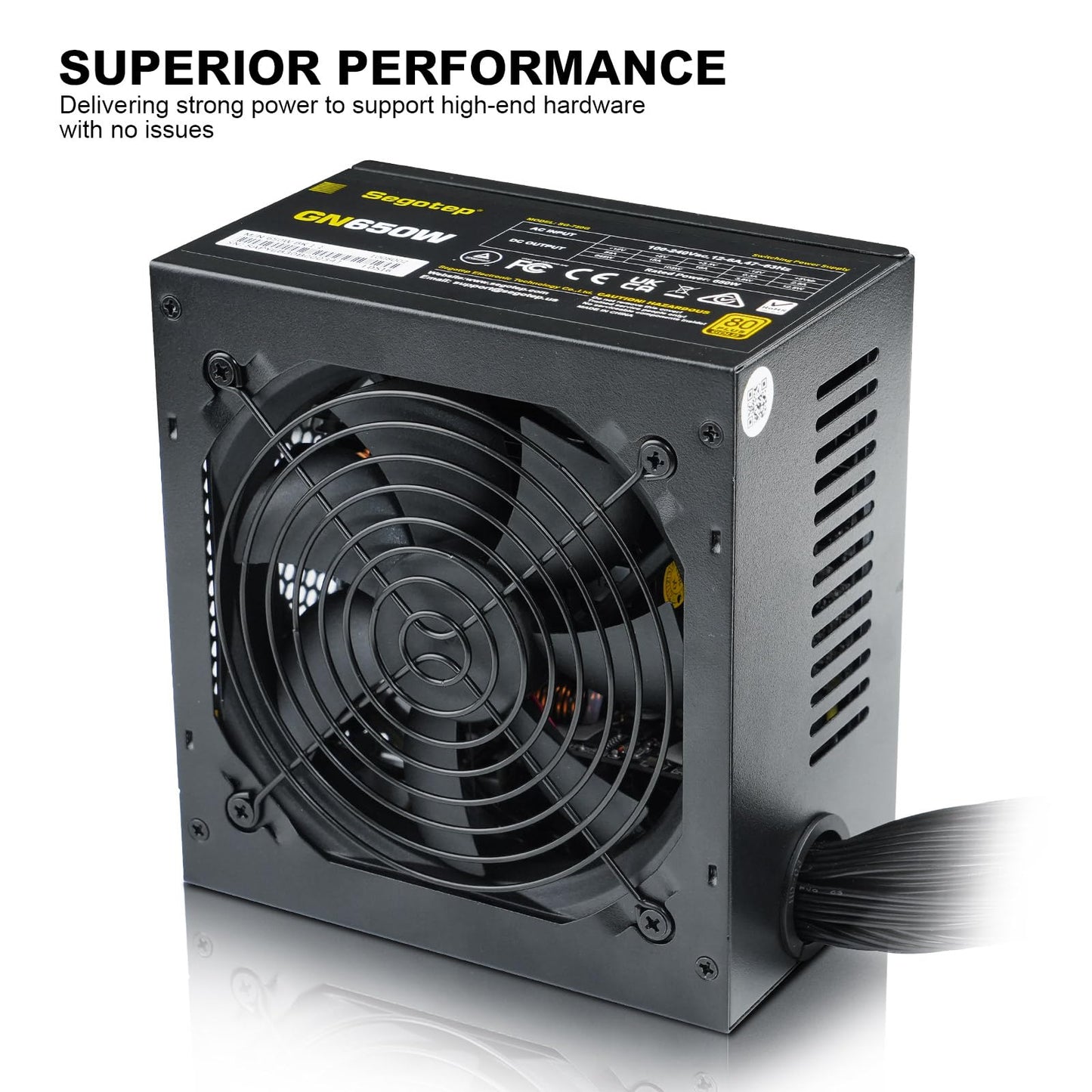 Segotep 650W 80 Plus Gold zertifiziertes, nicht-modulares ATX-Netzteil mit 6+2-Pin-Anschlüssen, PFC-Schutz und RoHS-Konformität, 120-mm-Silent-Lüfter, Gaming-Netzteil GN-650 Schwarz