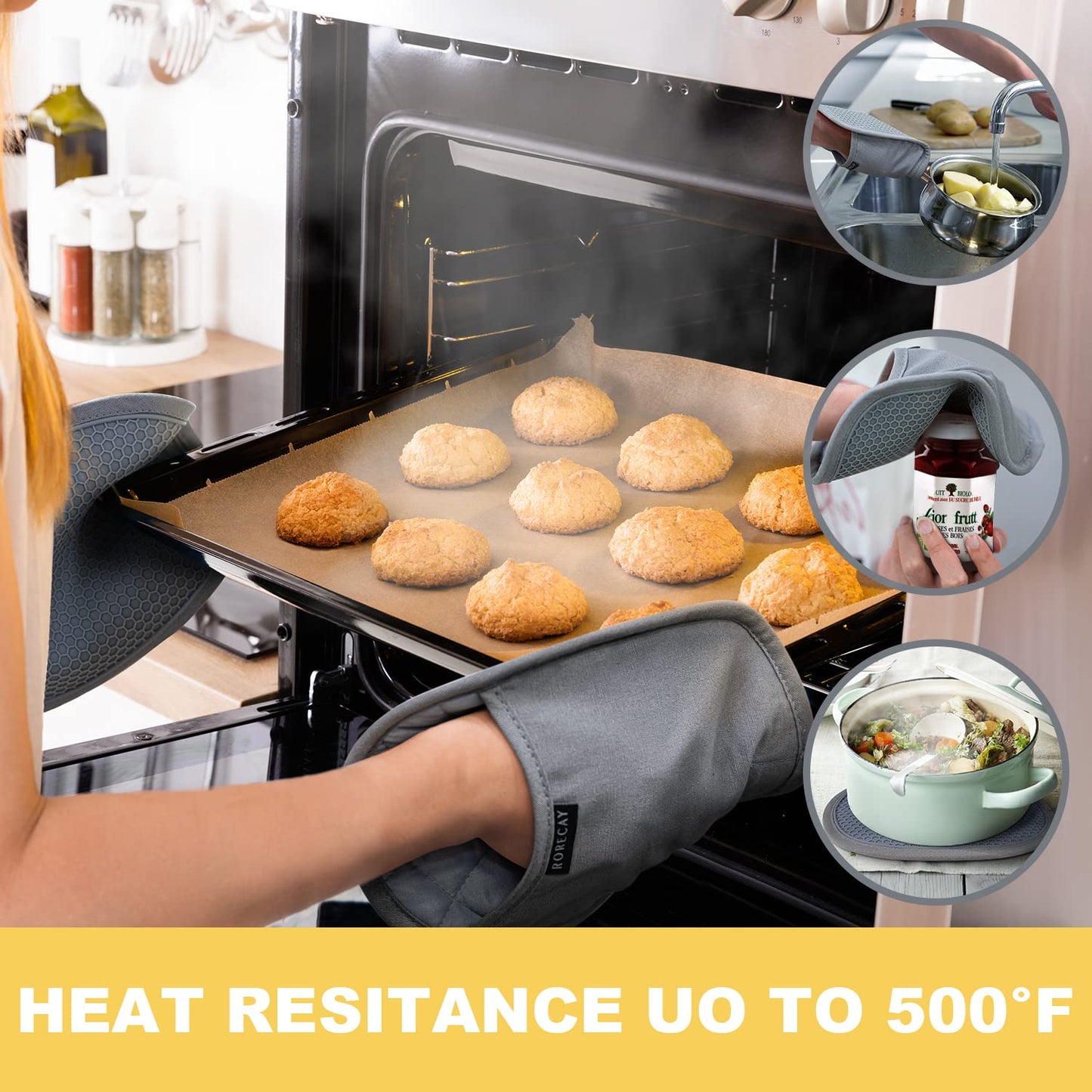 2-Pack Silicone Pot Holders for Kitchen Heat Resistant up to 500°F, Non-Slip Large Hot Pads with Pocket, Quilted Liner Trivets for Countertops Hot Pots and Pans (Gray)