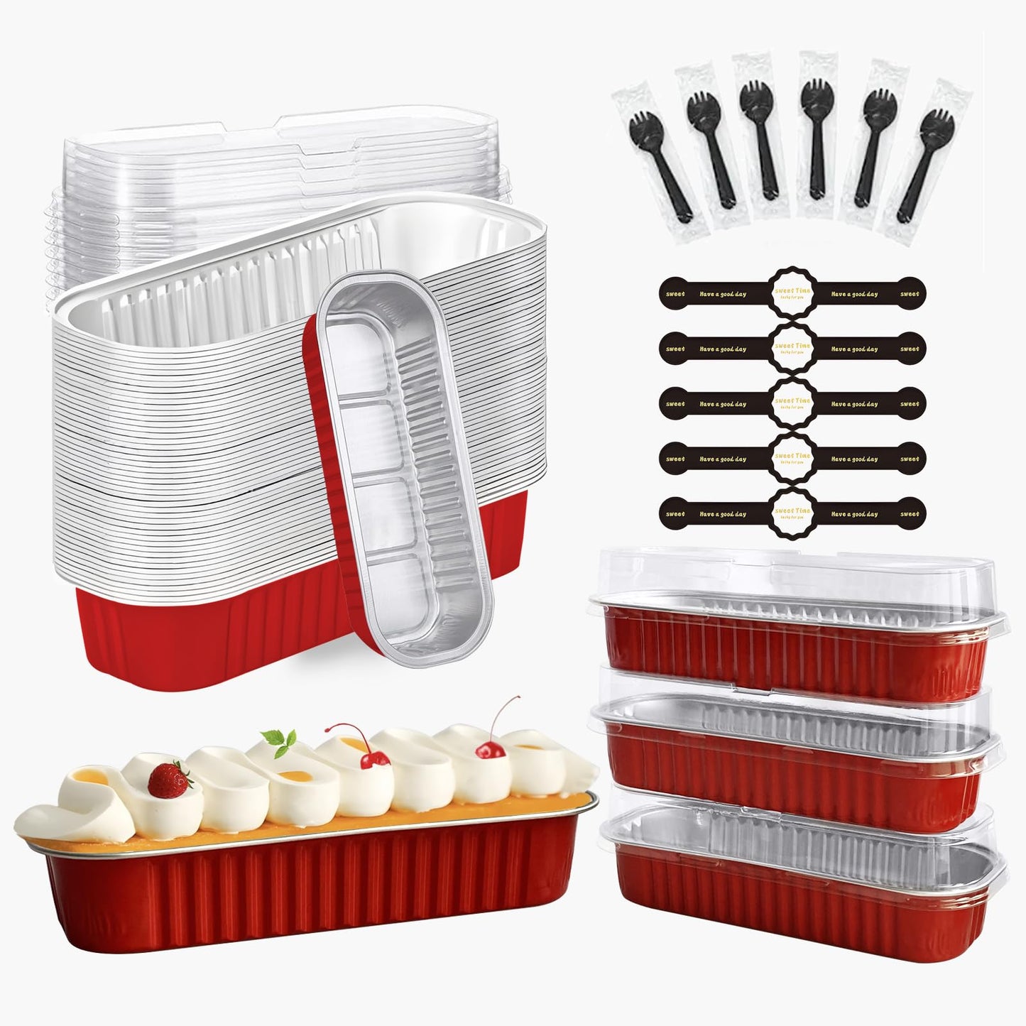 OBXMLFY Mini-Kuchenformen mit Deckel und Löffeln, 50er-Pack, 6,8 oz rechteckige Mini-Kastenformen, Einweg-Backförmchen aus Aluminiumfolie, Muffinformen - Rosa (50, rot)