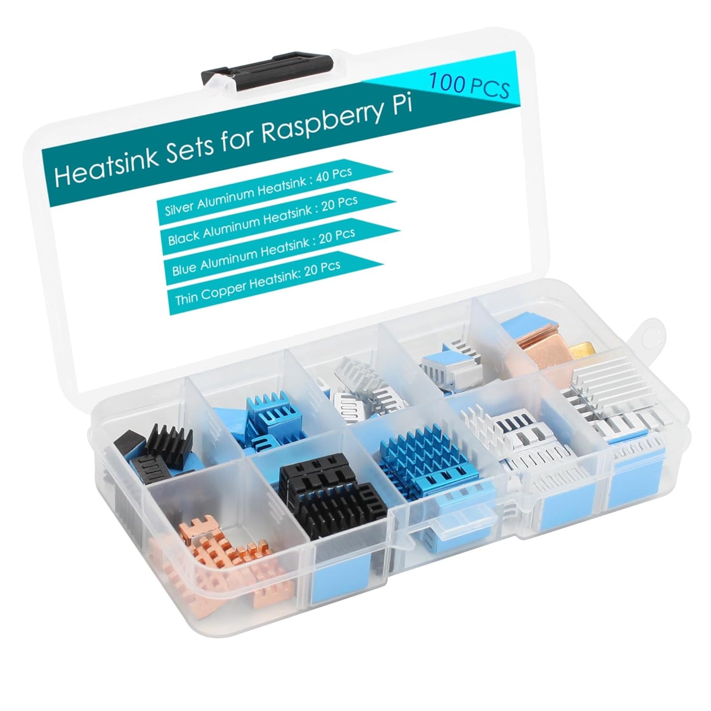 100 Kühlkörper (verschiedene Größen und Farben), Kühlkörper-Set mit 3M 8810 leitfähigem Klebeband, Aluminium-Kühlkörper, Kupfer-Kühlkörper, Kühler für Raspberry Pi 5/4/3/Zero VRM SSD 3D-Drucker 