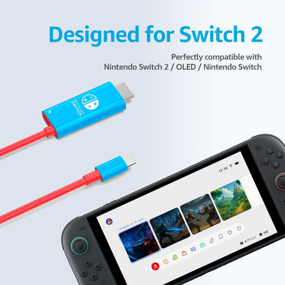 Switch 2 Dock Station HDMI-Kabeladapter 4K@60Hz 18Gbps 6,7ft PD 100W USB C auf HDMI 2.0 Konverter, Tragbares Reise-TV-Anschlusskabel Kompatibel mit Nintendo Switch 2/OLED/Nintendo Switch-Blau
