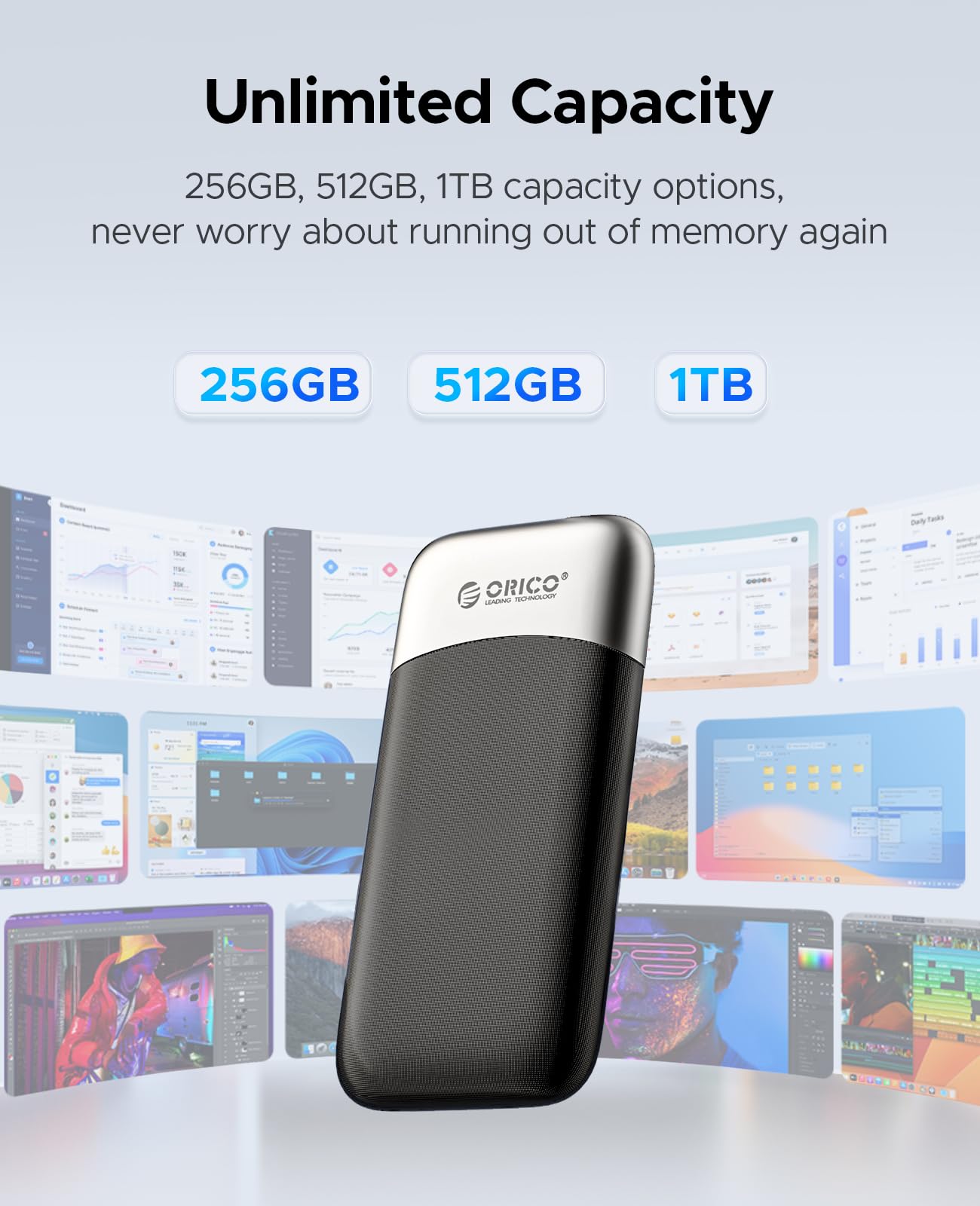 ORICO 1 TB Portable SSD, bis zu 1050 MB/s, kompakt mit 2-in-1 USB-C- und USB-A-Kabel, externe SSD, zuverlässiger Speicher für USB-C-Smartphones, Tablets und PCs – M10PRO