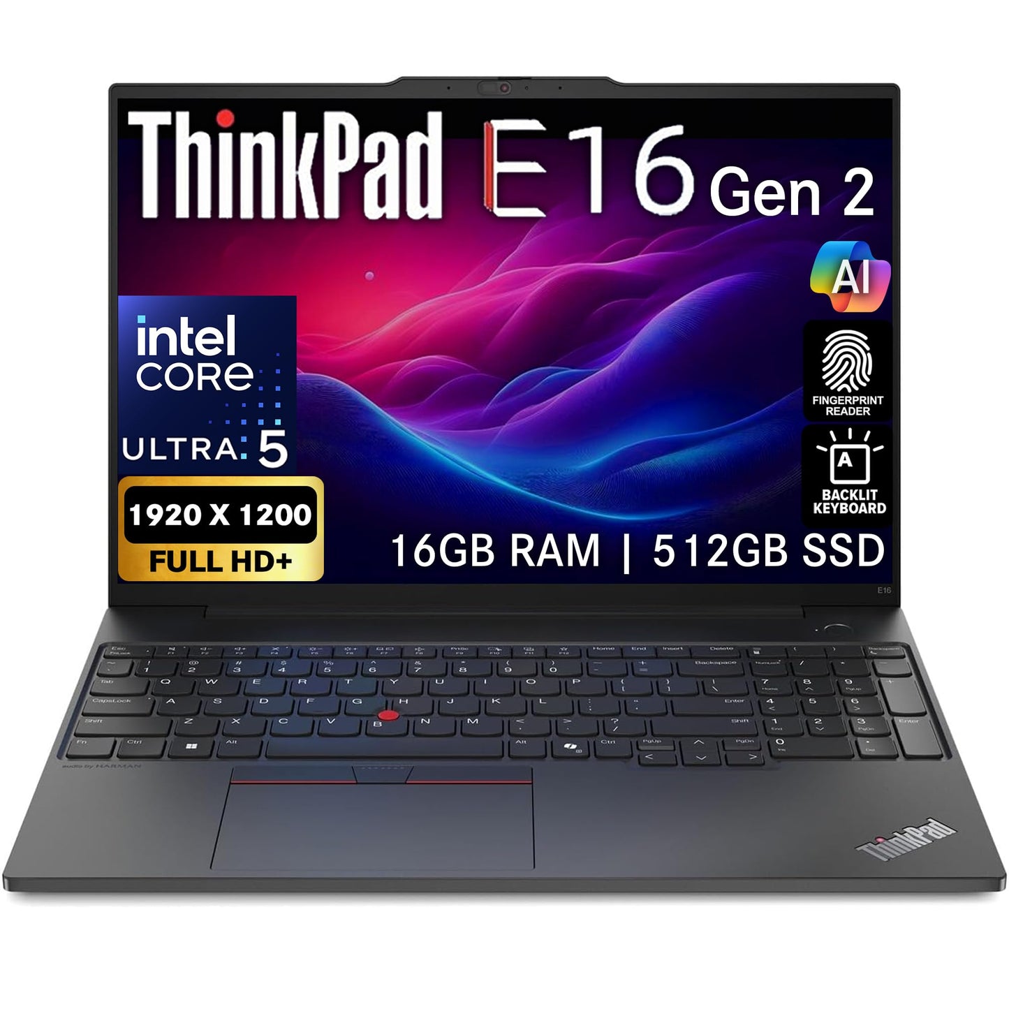 Original Lenovo ThinkPad E16 Gen 2, 16" WUXGA-Display, Intel Ultra 5-125U, 16 GB DDR5-RAM, 512 GB NVMe-SSD, Fingerabdrucksensor, beleuchtete Tastatur, WLAN 6E + Bluetooth, RJ-45-Anschluss, FHD-Webcam, Windows 11P, Business-Laptop