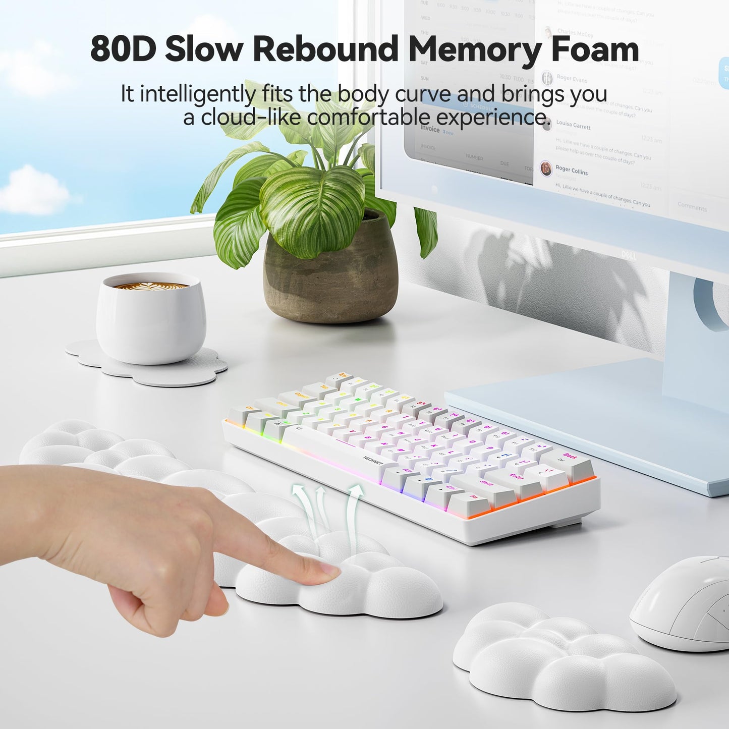 TECKNET Cloud Keyboard Wrist Rest Set, Cloud Wrist Rest with Non-Slip Base, PU Leather Wrist Pad for Keyboard with Ergonomic Memory Foam for Computer Laptop Office Gaming and Pain Relief, White