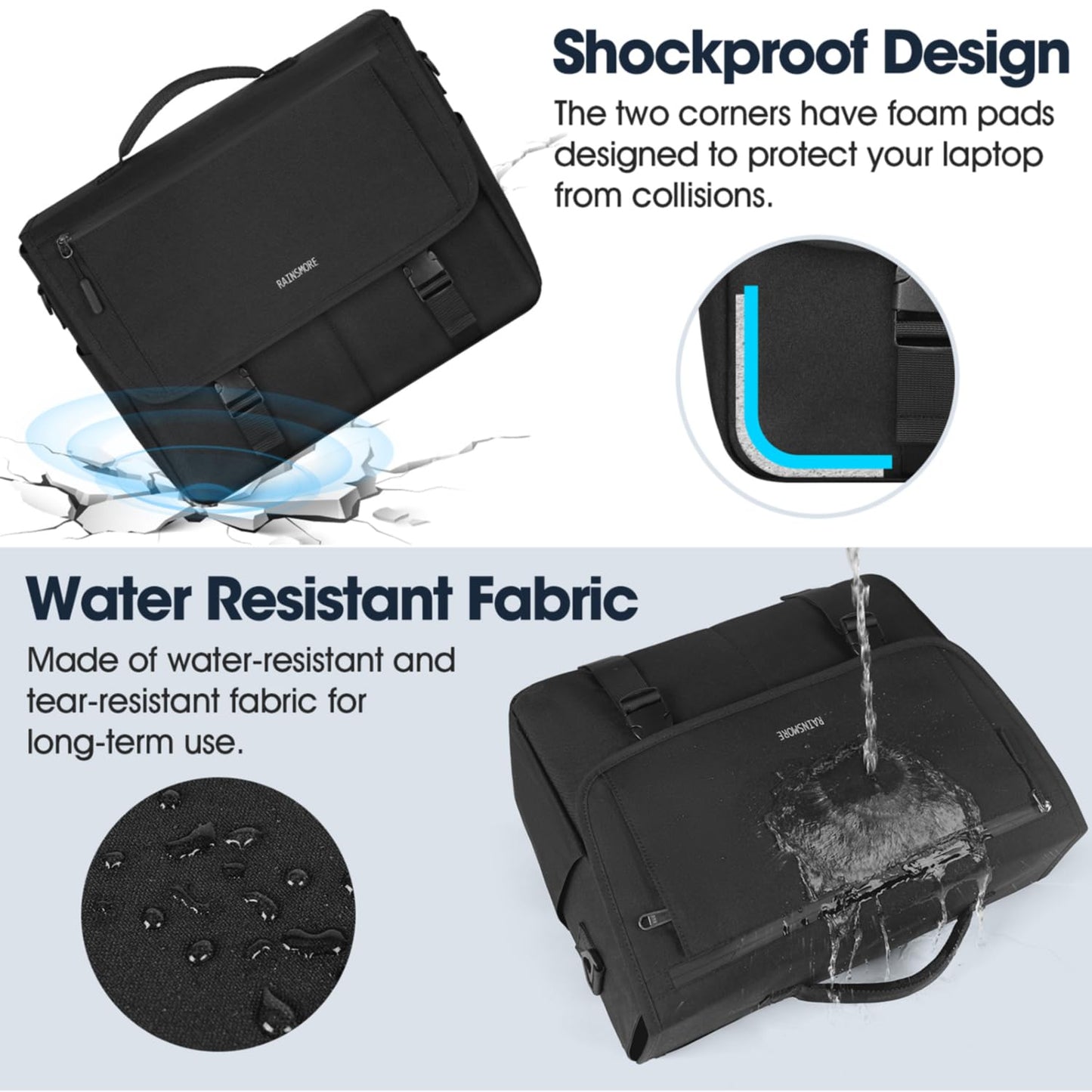 RAINSMORE Messenger Bag für Herren, 15,6 Zoll, wasserabweisend, Laptoptasche, lässige Umhängetasche, große Computertasche für Uni, Büro, Aktentasche, modische Crossbody-Handtasche, Schwarz