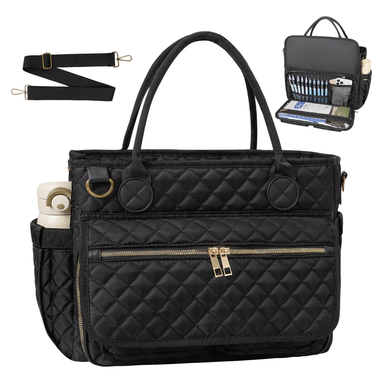 Große Lehrertasche (39,6 cm), geräumige Arbeitstasche mit Laptopfach, gesteppte Umhängetasche mit Schultergurt für Büro, Reisen, Schule und Pflegebedarf, Schwarz