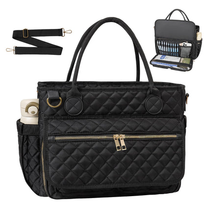 Große Lehrertasche (39,6 cm), geräumige Arbeitstasche mit Laptopfach, gesteppte Umhängetasche mit Schultergurt für Büro, Reisen, Schule und Pflegebedarf, Schwarz