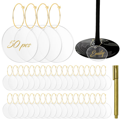 Philbinden 50 Stück Weinglasanhänger - Runde, unbeschriftete Acryl-Weinglasmarker für Stielgläser - Ideal für Weihnachts-, Hochzeits-, Weinproben-, Party-, Martini- und Geburtstagsdekorationen