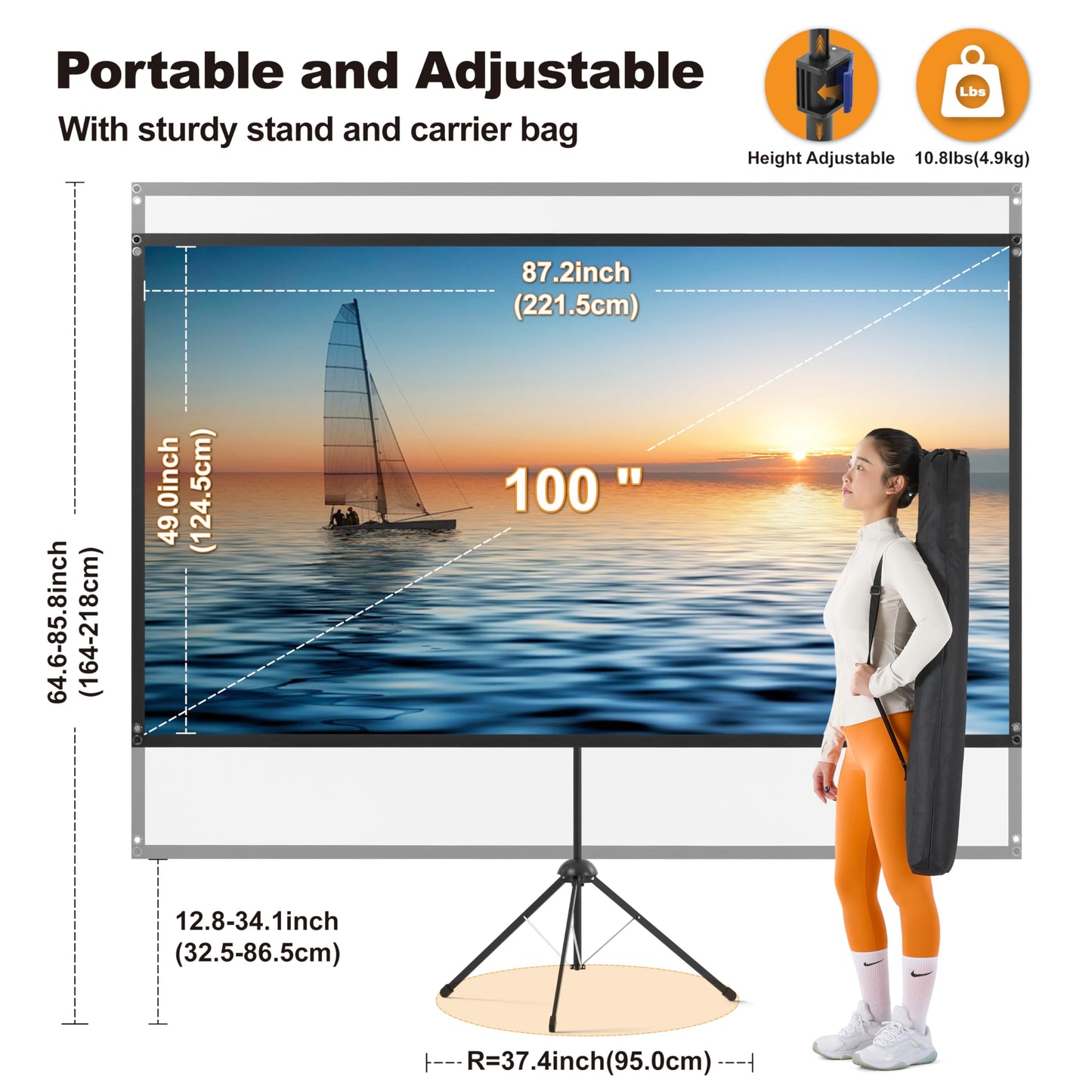 Outdoor-Leinwand, 100 Zoll, 16:9, hohe Verstärkung, mit Ständer, windbeständiges Design für den mobilen Einsatz im Freien, inklusive Seilen und Heringen, 4K-Bildqualität für Heimkino und Camping