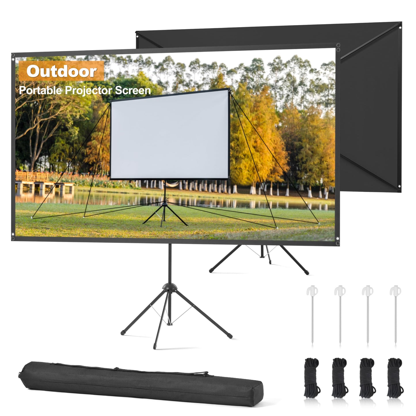 Outdoor-Leinwand, 100 Zoll, 16:9, hohe Verstärkung, mit Ständer, windbeständiges Design für den mobilen Einsatz im Freien, inklusive Seilen und Heringen, 4K-Bildqualität für Heimkino und Camping