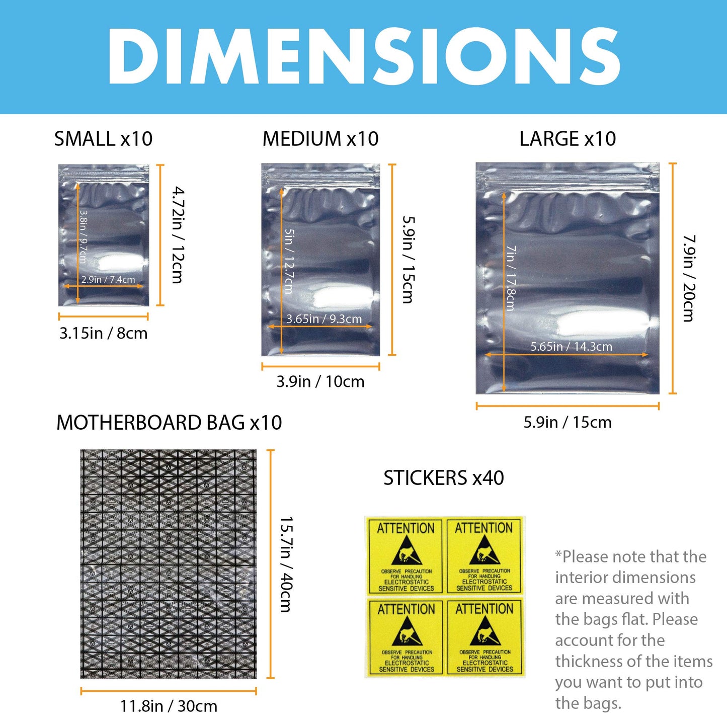 Antistatische Beutel mit offener Oberseite und wiederverschließbarem Verschluss, ESD-Abschirmbeutel mit antistatischen Etiketten für Festplatten, SSDs, HDDs, Motherboards, Grafikkarten, RAM und elektronische Geräte (40er-Packung) (verschiedene Größen)