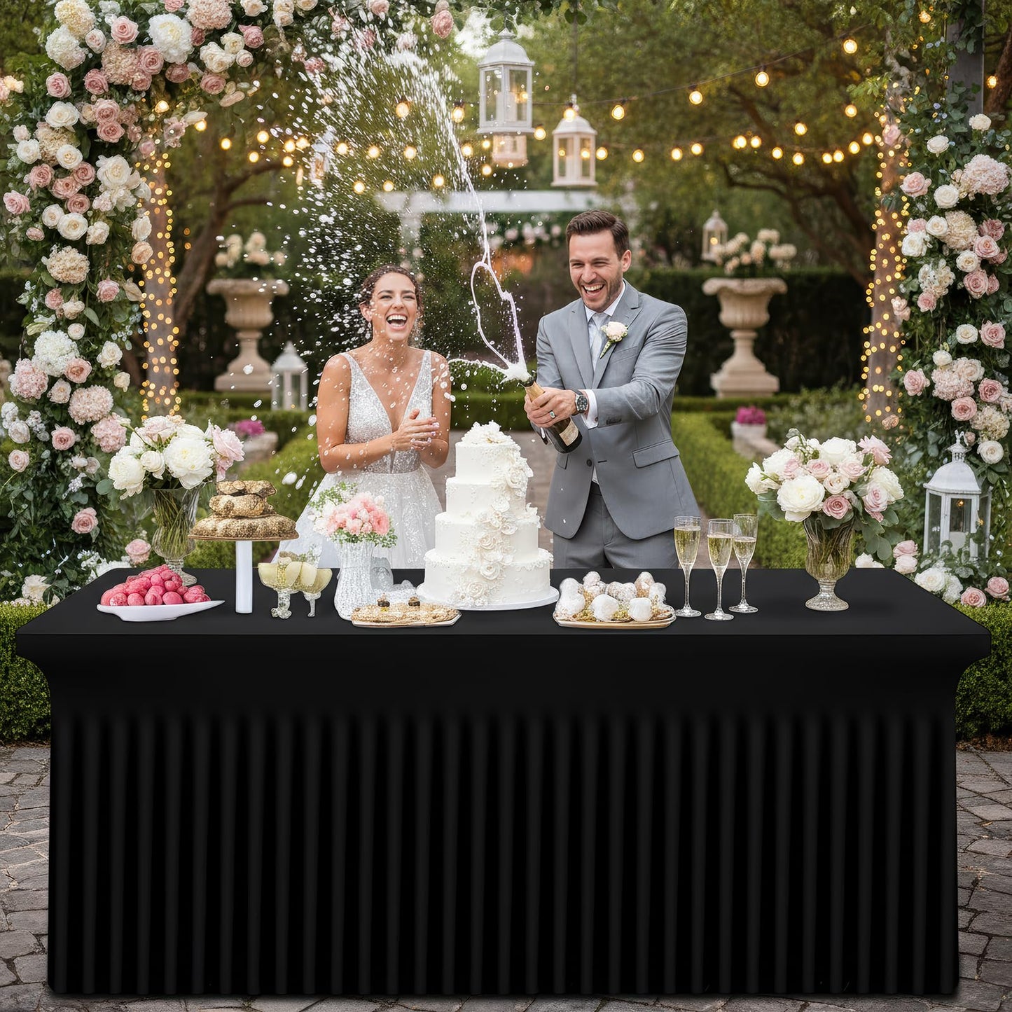 Smiry Spandex-Tischdecke, elastische, dehnbare Tischdecke für 183 cm lange rechteckige Tische, wasserdichte, waschbare Tischdecke für den Außenbereich, Hochzeiten, Bankette und Partys (Schwarz, 183 x 76 x 76 cm)