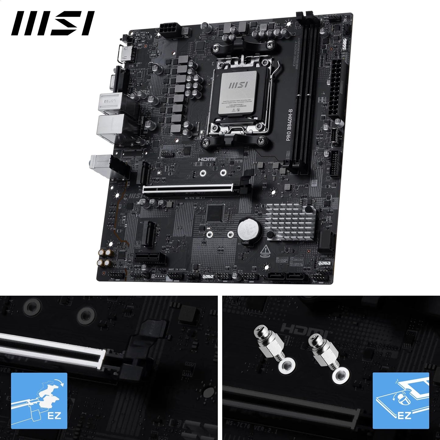 MSI PRO B840M-B Mainboard, mATX – Unterstützt AMD Ryzen 9000/8000/7000 Prozessoren, AM5 – DDR5-Speicher-Boost (übertaktbar auf über 8000 MT/s), PCIe 4.0 x16, M.2 Gen4, 2,5G LAN