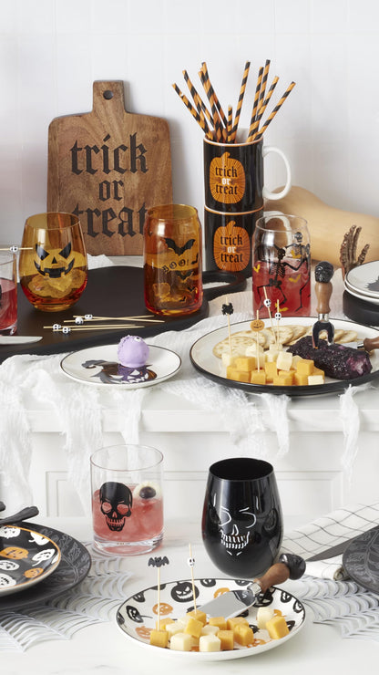 Oneida Barware, Vintro Halloween Stiellose Weingläser, 4er-Set, Spülmaschinenfest, Aus Glas, Gruseliges Trinkgläser-Set, Halloween-Dekoration für den Innenbereich, Skelette und Fledermäuse als Design (4-teilig, 532 ml)