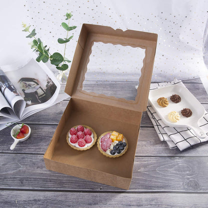 ONE MORE 10-Zoll-Bäckerei-Kuchenboxen aus Naturkraft mit PVC-Fenstern, große Keksdose 10 x 10 x 2,5 Zoll, 12er-Pack (Braun, 12)