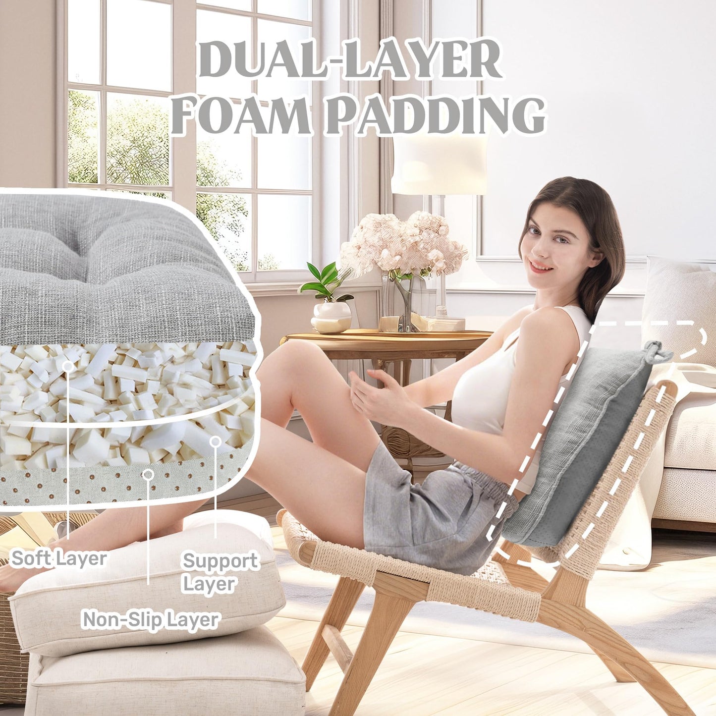 puredown® Stuhlkissen für Esszimmerstühle, gesteppte Memory-Schaum-Stuhlkissen mit rutschfester Unterseite, Küchensitzkissen mit Bändern, waschbares 4er-Set, 39,4 x 39,4 x 10,2 cm, Hellgrau