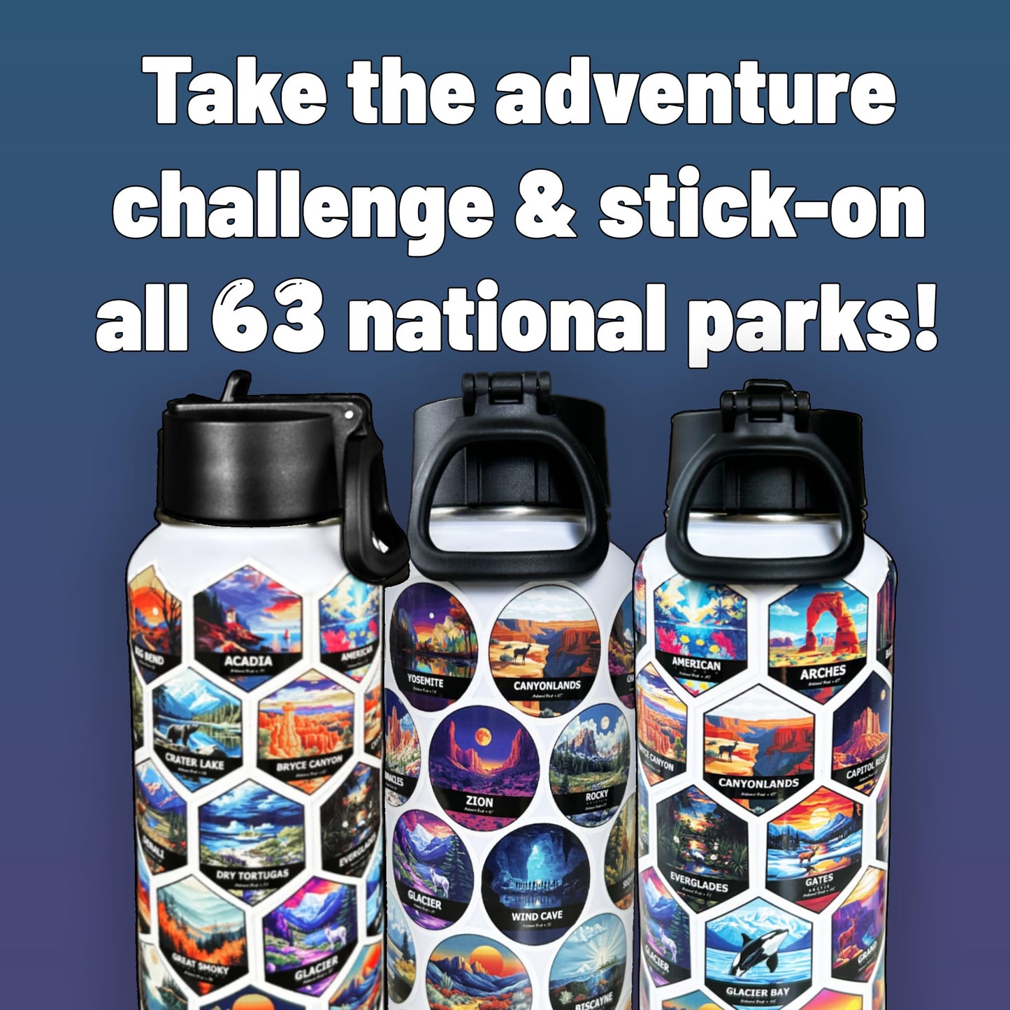 Nationalpark-Wasserflaschenaufkleber – Alle 63 Parks, 3,8 cm Vinyl – Wasserfeste, lichtbeständige Aufkleber für Wasserflaschen, Laptops, Notizbücher, Ausrüstung – für Reisende, Studenten und Outdoor-Fans