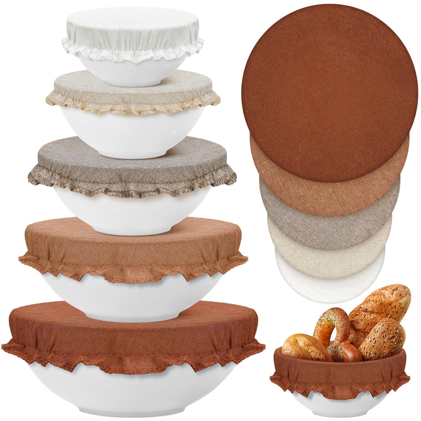 Patelai 10 Stück wiederverwendbare Schüsselabdeckungen in 5 Größen, elastische Lebensmittelaufbewahrungs-Schüsselabdeckungen aus dehnbarem Stoff, Deckel für Brot, Sauerteig, zum Gehenlassen von Lebensmitteln, Obst und Resten (Erdfarben)