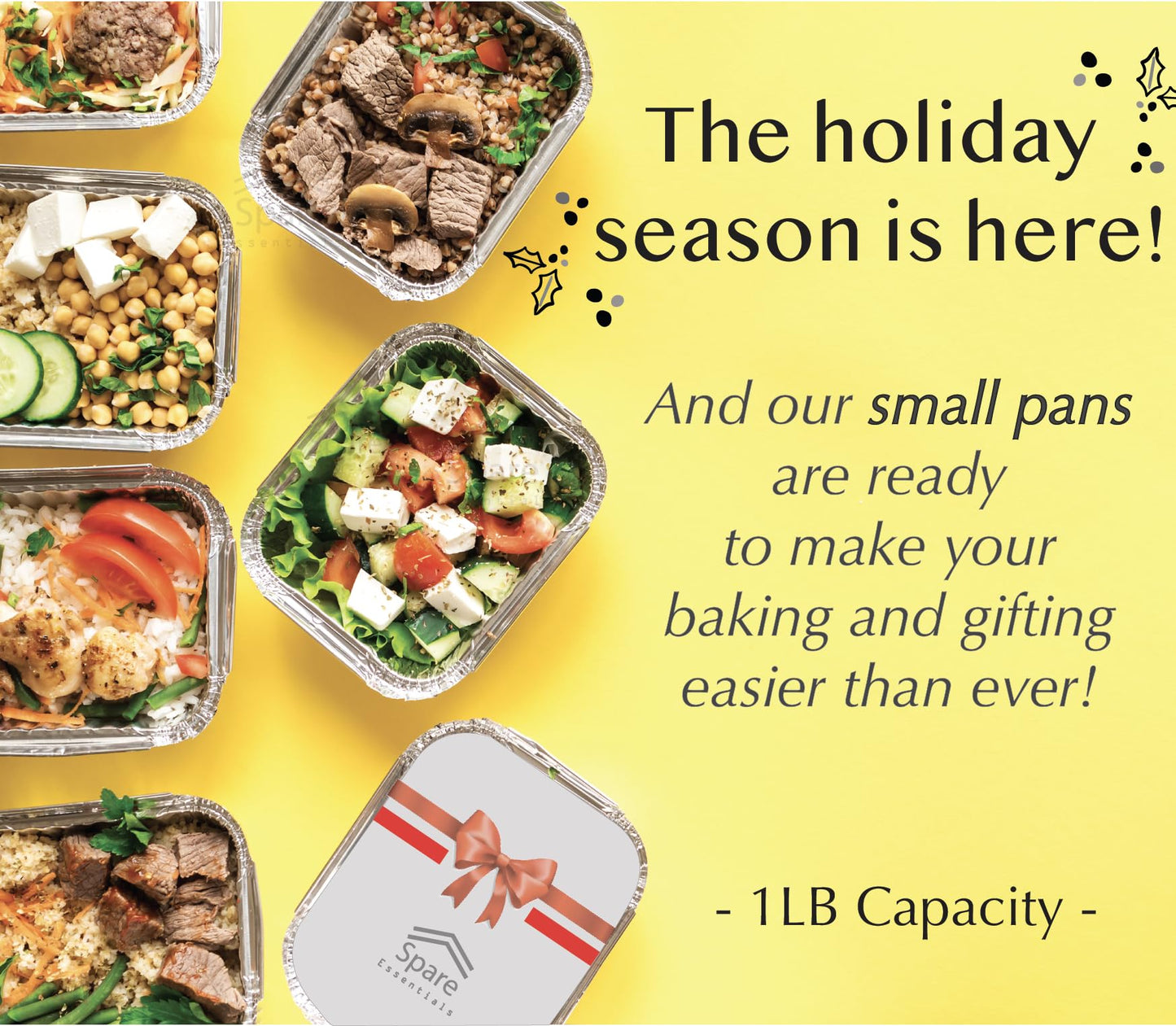 Spare Essentials 55er-Pack – Kleine Folienschalen mit Deckel – Lebensmittelbehälter zum Mitnehmen mit Deckel, 450 g Mini-Aluminiumschalen, gefriergeeignet, hitzebeständige Aluminium-Behälter für die Essenszubereitung, 14 x 11,5 x 4,8 cm