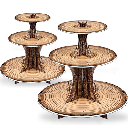 PANGU 2 Pack Rustic Wood Cupcake Stand for Party, 3-Tier Cardboard Cupcake Tower Holder for Baby Shower, Birthday, Camping, Safari Theme, Woodland Party Decorations, Dessert Display Tray (Wood Grain Look)