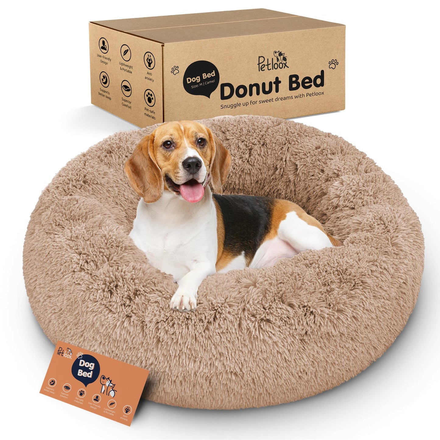 Petloox Donut-Hundebett – Premium-Komfort zur Linderung von Angstzuständen – Flauschiges und beruhigendes Design mit ultraweicher Unterstützung | Gemütliches rundes Hundebett in superweicher Kreisform (Größe M Kamel)